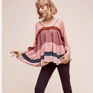 Anthropologie Meadow Rue Pink Colorblock Ruffle Peasant Top boho xs oversized